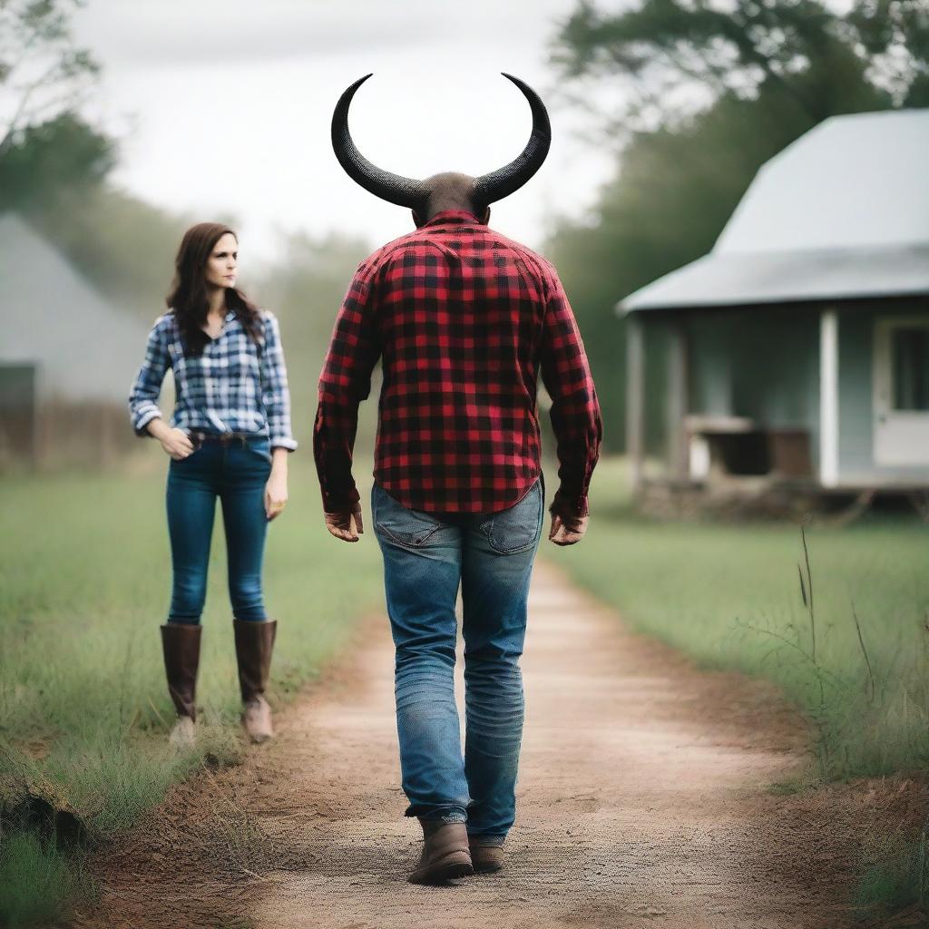 Create a photo of a father dressed in a plaid button-up shirt, jeans, and boots, transforming into a demon