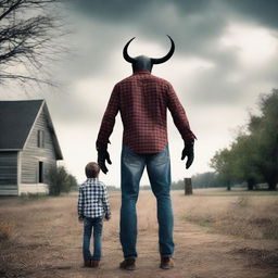 Create a photo of a father dressed in a plaid button-up shirt, jeans, and boots, transforming into a demon