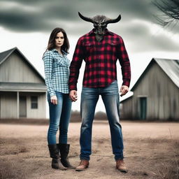 Create a photo of a father dressed in a plaid button-up shirt, jeans, and boots, transforming into a demon