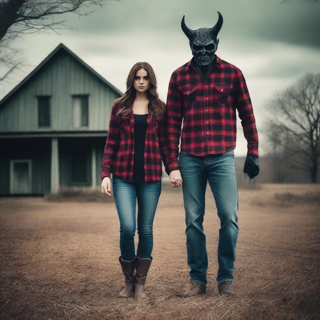 Create a photo of a father dressed in a plaid button-up shirt, jeans, and boots, transforming into a demon