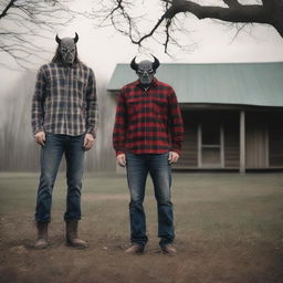 Create a photo of a father dressed in a plaid button-up shirt, jeans, and boots, transforming into a demon