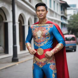 A superhero hailing from Singapore, donning a costume intertwined with modern design aspects and traditional Peranakan patterns, possessing powers intertwined with local myths and the multicultural spirit of the city-state