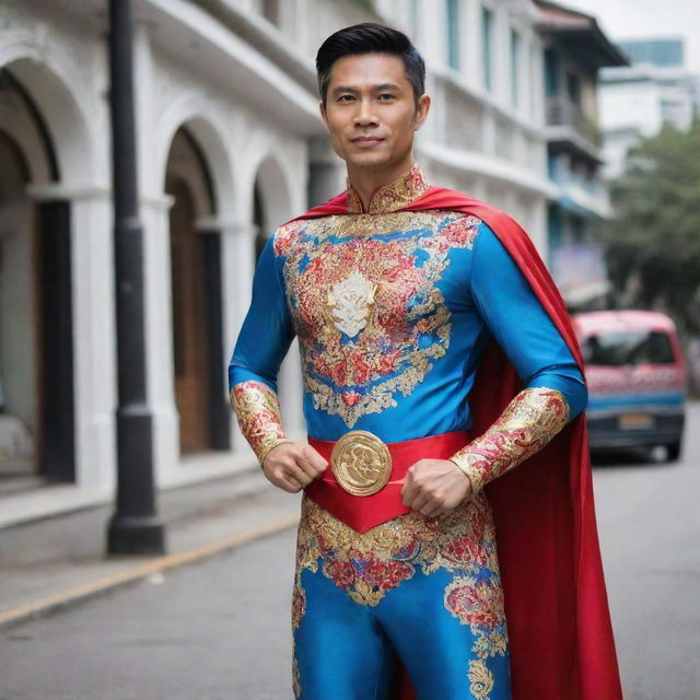 A superhero hailing from Singapore, donning a costume intertwined with modern design aspects and traditional Peranakan patterns, possessing powers intertwined with local myths and the multicultural spirit of the city-state