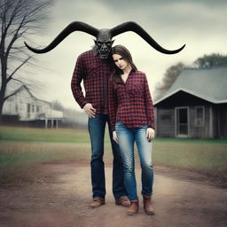 Create a photo of a father dressed in a plaid button-up shirt, jeans, and boots, transforming into a demon