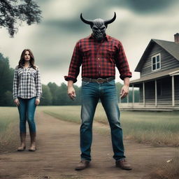 Create a photo of a father dressed in a plaid button-up shirt, jeans, and boots, transforming into a demon