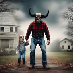 Create a photo of a father dressed in a plaid button-up shirt, jeans, and boots, transforming into a demon