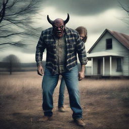 Create a photo of a father dressed in a plaid button-up shirt, jeans, and boots, transforming into a demon