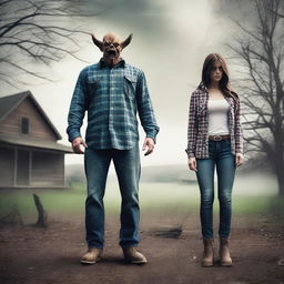 Create a photo of a father dressed in a plaid button-up shirt, jeans, and boots, transforming into a demon