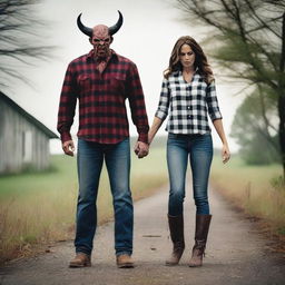 Create a photo of a father dressed in a plaid button-up shirt, jeans, and boots, transforming into a demon