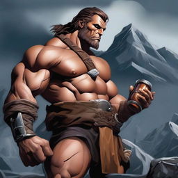 A fierce barbarian with a muscular build, wearing a bandolier filled with various potion bottles