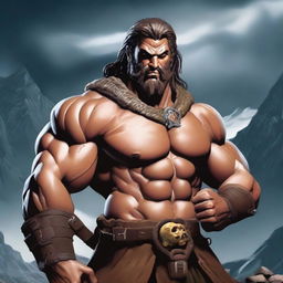 A fierce barbarian with a muscular build, wearing a bandolier filled with various potion bottles