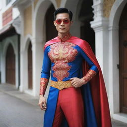 A superhero hailing from Singapore, donning a costume intertwined with modern design aspects and traditional Peranakan patterns, possessing powers intertwined with local myths and the multicultural spirit of the city-state