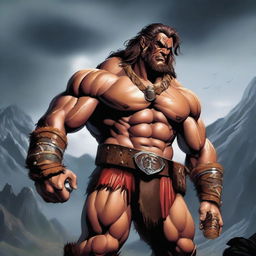 A fierce barbarian with a muscular build, wearing a bandolier filled with various potion bottles