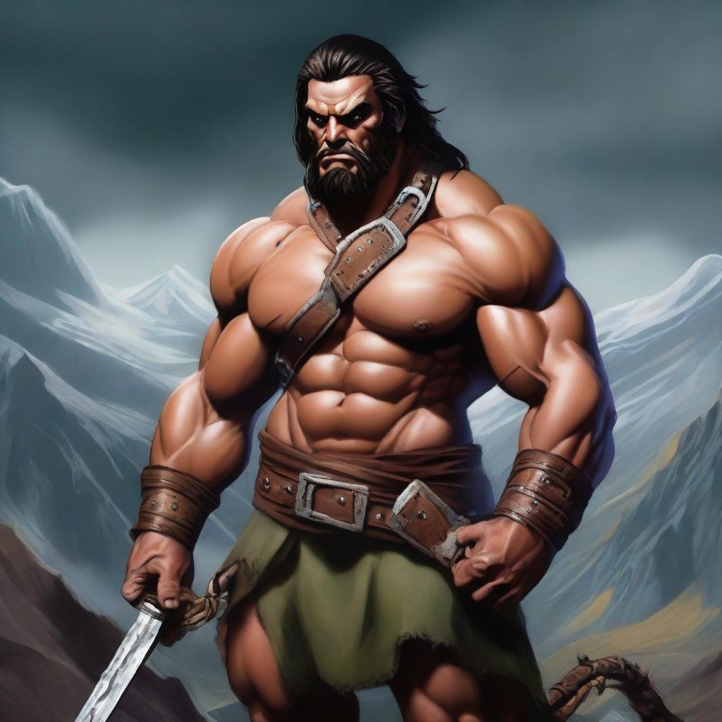 A fierce barbarian with a muscular build, wearing a bandolier filled with various potion bottles