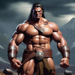 A fierce barbarian with a muscular build, wearing a bandolier filled with various potion bottles