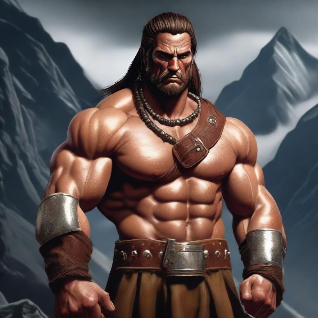 A fierce barbarian with a muscular build, wearing a bandolier filled with various potion bottles