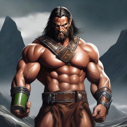 A fierce barbarian with a muscular build, wearing a bandolier filled with various potion bottles