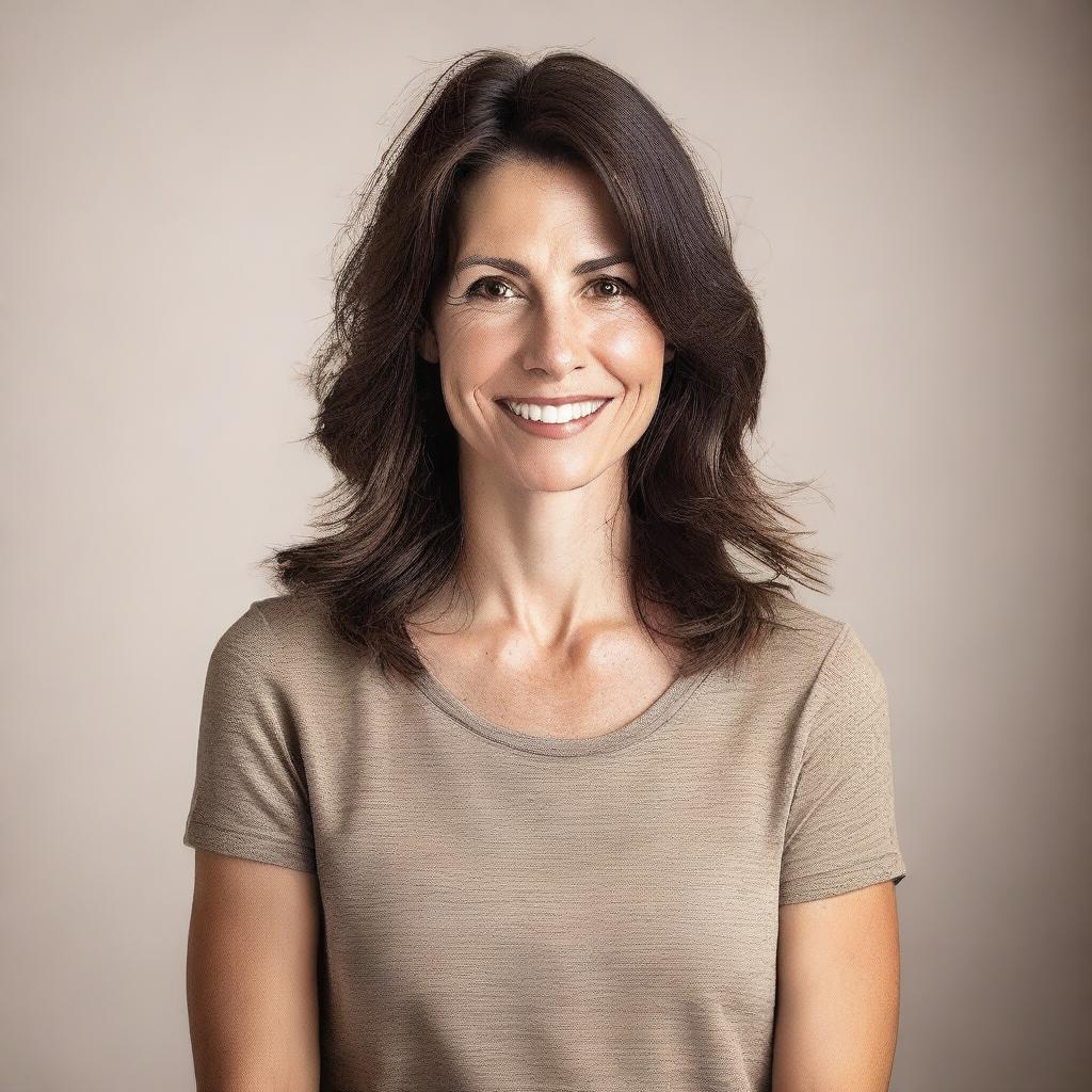 A 45-year-old brunette woman with a skinny build, standing confidently