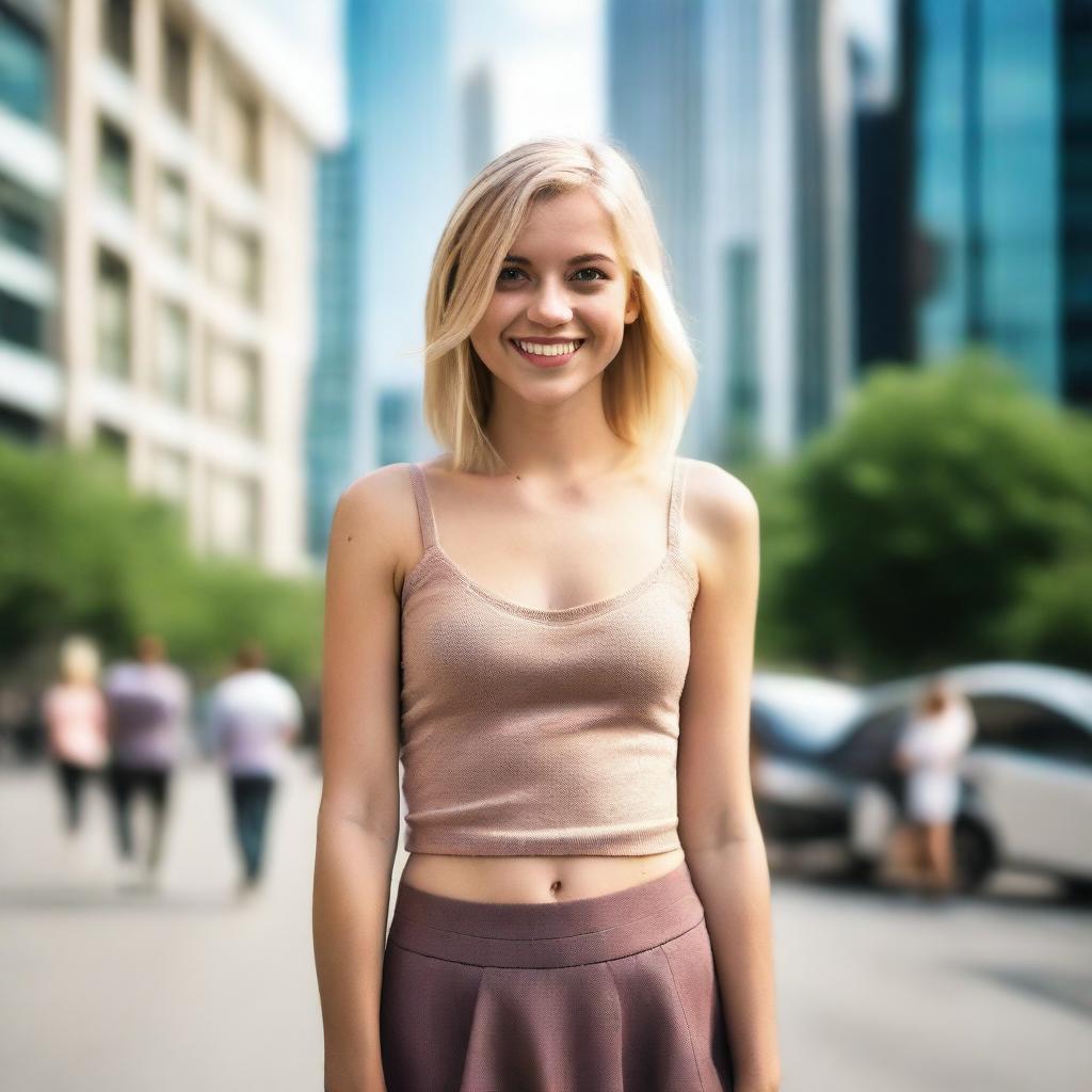 A 25-year-old blonde woman wearing a short skirt, standing in a casual pose