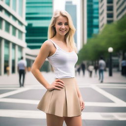 A 25-year-old blonde woman wearing a short skirt, standing in a casual pose