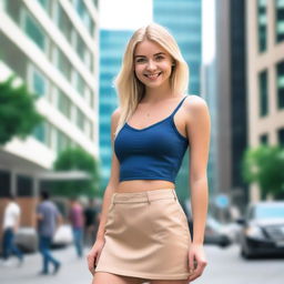 A 25-year-old blonde woman wearing a short skirt, standing in a casual pose