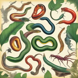 A detailed illustration featuring various venomous animals such as snakes, spiders, and scorpions in their natural habitats