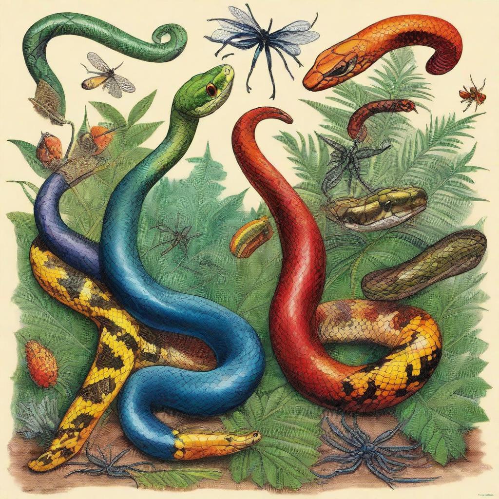 A detailed illustration featuring various venomous animals such as snakes, spiders, and scorpions in their natural habitats