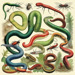 A detailed illustration featuring various venomous animals such as snakes, spiders, and scorpions in their natural habitats