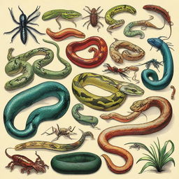 A detailed illustration featuring various venomous animals such as snakes, spiders, and scorpions in their natural habitats