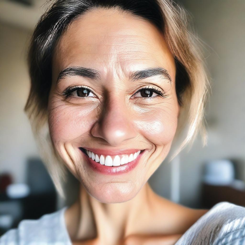 A close-up, intimate selfie of a person with a warm, inviting smile