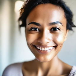 A close-up, intimate selfie of a person with a warm, inviting smile