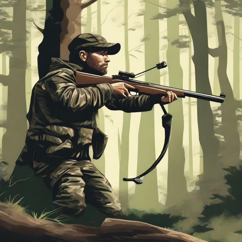 A detailed illustration of a hunter in a dense forest, wearing camouflage clothing and holding a bow