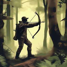 A detailed illustration of a hunter in a dense forest, wearing camouflage clothing and holding a bow