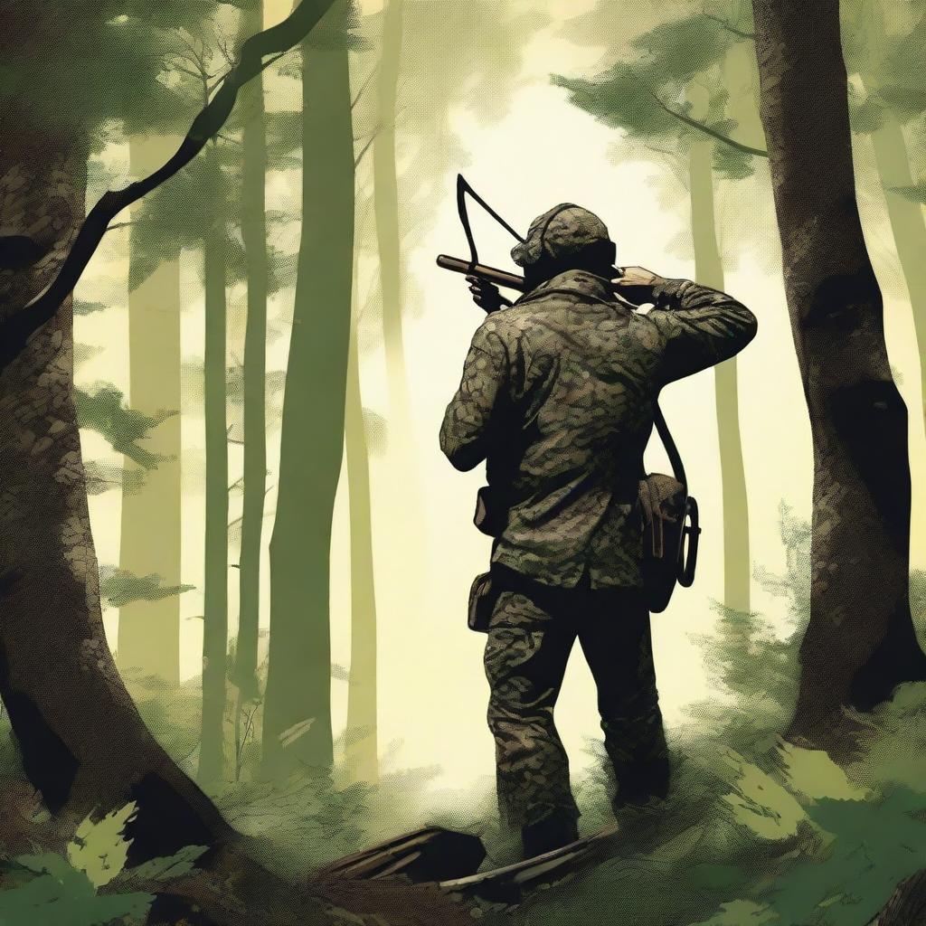 A detailed illustration of a hunter in a dense forest, wearing camouflage clothing and holding a bow