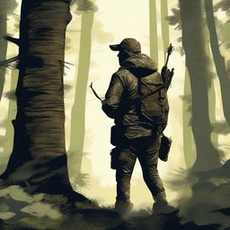 A detailed illustration of a hunter in a dense forest, wearing camouflage clothing and holding a bow