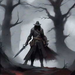 A dynamic illustration of a blood hunter from Bloodborne in a Dungeons & Dragons setting