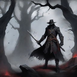 A dynamic illustration of a blood hunter from Bloodborne in a Dungeons & Dragons setting