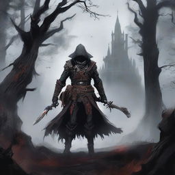 A dynamic illustration of a blood hunter from Bloodborne in a Dungeons & Dragons setting