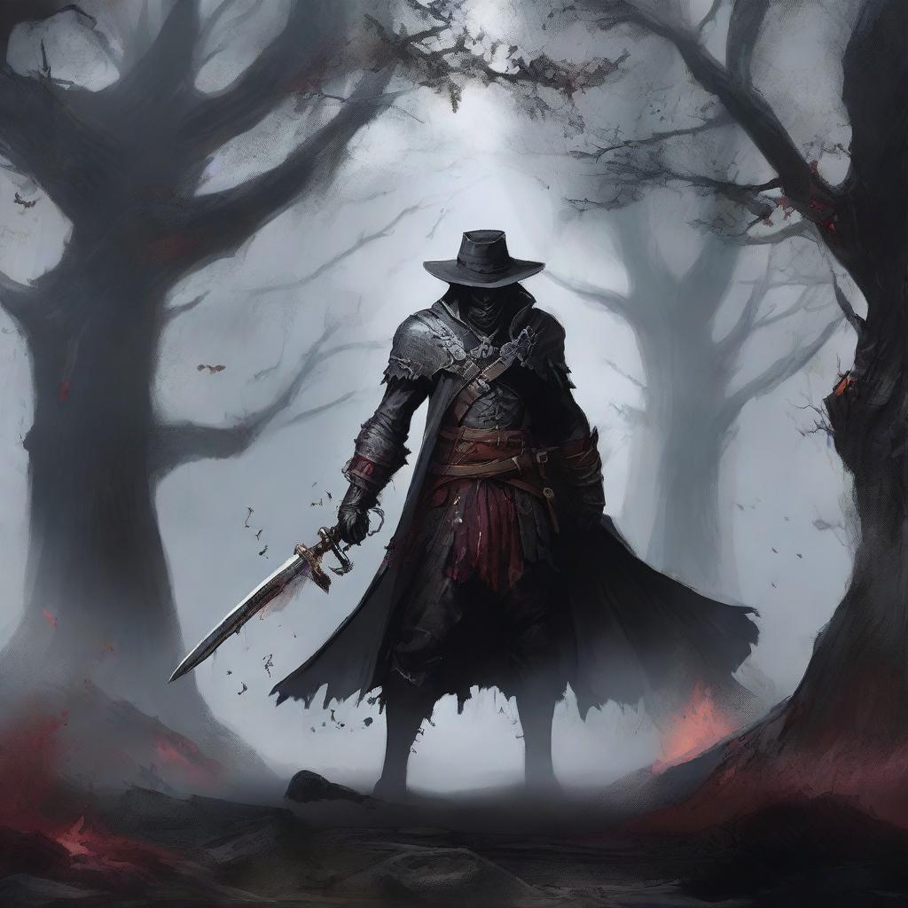 A dynamic illustration of a blood hunter from Bloodborne in a Dungeons & Dragons setting