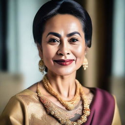 A mature Malay woman, around 50 years old, portrayed in a tasteful and elegant manner