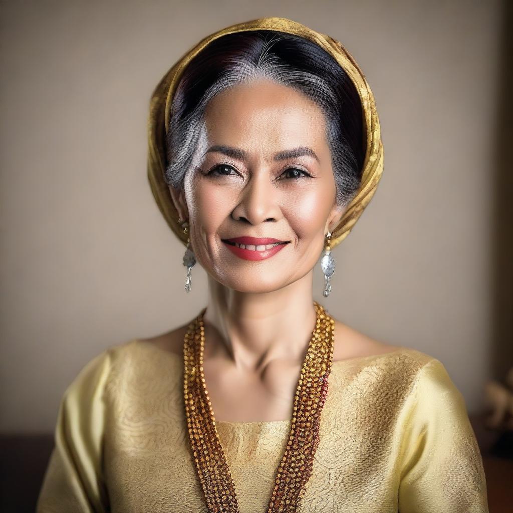 A mature Malay woman, around 50 years old, portrayed in a tasteful and elegant manner