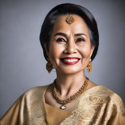 A mature Malay woman, around 50 years old, portrayed in a tasteful and elegant manner