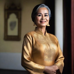 A mature Malay woman, around 50 years old, portrayed in a tasteful and elegant manner