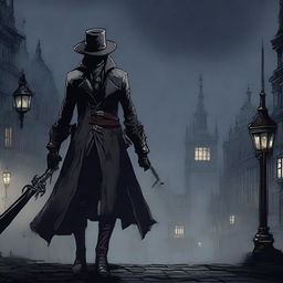 A detailed illustration of a hunter from Bloodborne