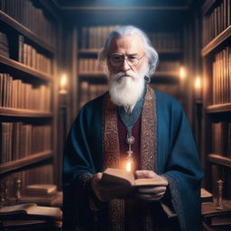 A wise historian who is also a sorcerer, dressed in ancient robes, surrounded by old books and magical artifacts