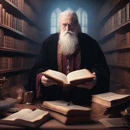 A wise historian who is also a sorcerer, dressed in ancient robes, surrounded by old books and magical artifacts