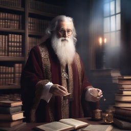 A wise historian who is also a sorcerer, dressed in ancient robes, surrounded by old books and magical artifacts