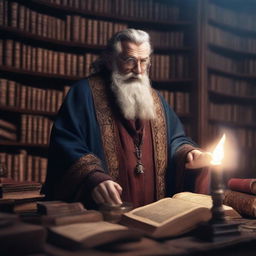 A wise historian who is also a sorcerer, dressed in ancient robes, surrounded by old books and magical artifacts