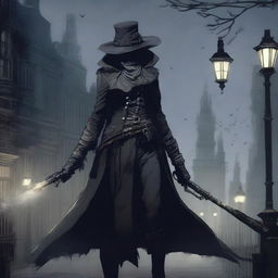 A detailed illustration of a female hunter from Bloodborne