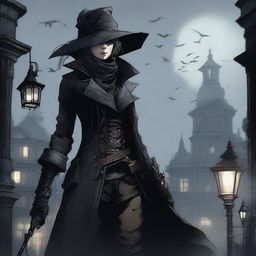 A detailed illustration of a female hunter from Bloodborne